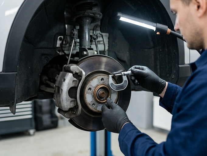 Mechaniker kontrolliert Bremsscheibe am Auto