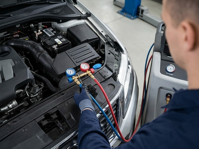 Klimaservicegerät ist an ein Auto angeschlossen