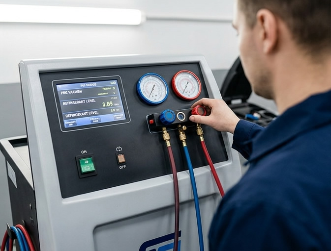 Mechaniker prüft die Klimaanlage eines Fahrzeugs