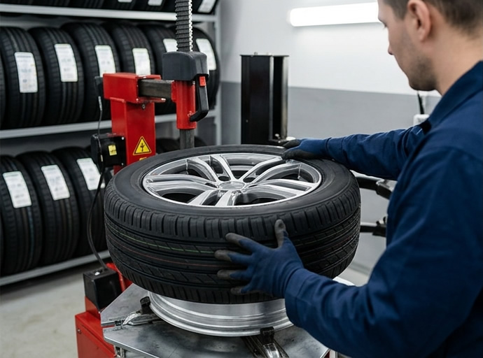 Reifenwechsel in der Werkstatt mit angehobenem Fahrzeug