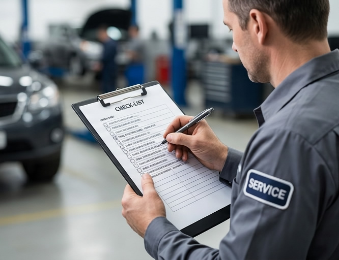 Mechaniker prüft Fahrzeug in der Werkstatt