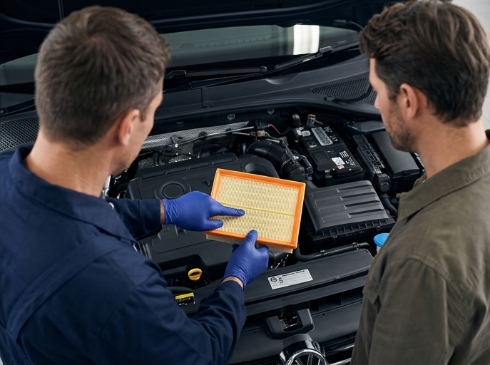 Mechaniker prüft Motorraum bei einer Inspektion